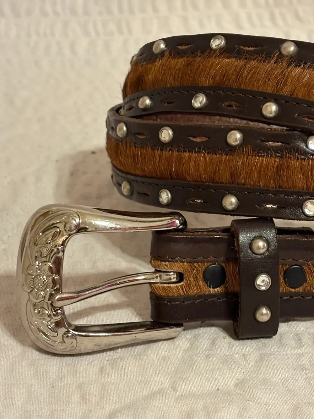 VTG Mexican Made XL Brown Hair on Hide Leather Belt With Studs and Rhinestones